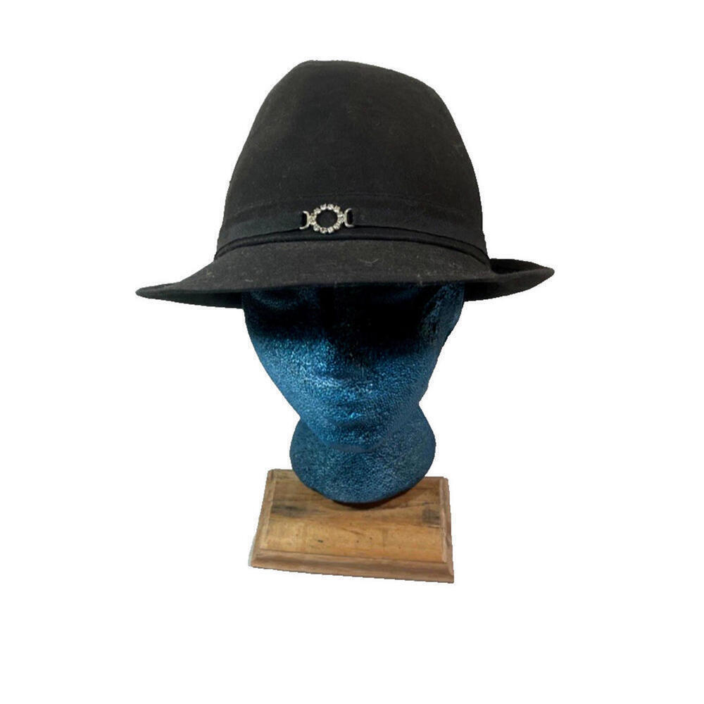 Attention Brand Black Fedora Hat Rhinestone Detail Cotton One Size